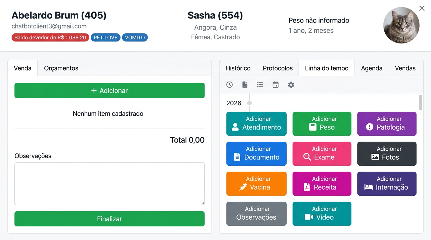 Tela de Atendimento Clínico SuriVet — prontuário com linha do tempo, protocolos e ações rápidas
